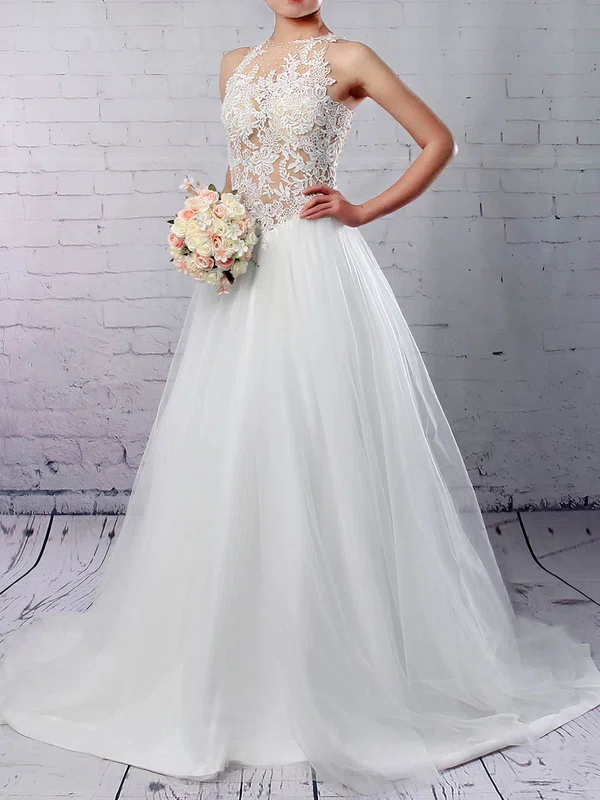 Ball Gown Illusion Tulle Sweep Train Wedding Dresses With Appliques Lace #Milly00023309