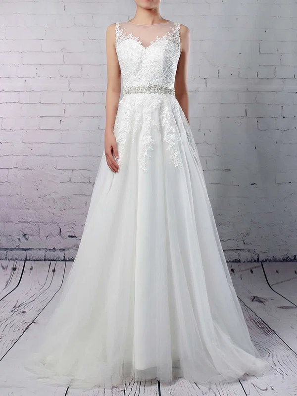 A-line Scoop Neck Tulle Sweep Train Appliques Lace Wedding Dresses #Milly00023318