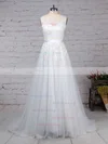 A-line Scoop Neck Tulle Sweep Train Appliques Lace Wedding Dresses #Milly00023318