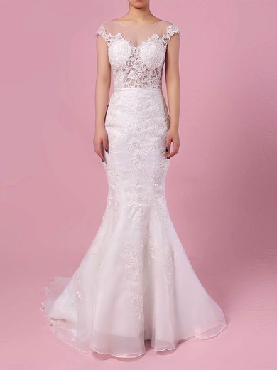 Trumpet/Mermaid Illusion Tulle Sweep Train Wedding Dresses With Appliques Lace #Milly00023152