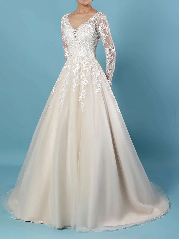 Ball Gown V-neck Tulle Court Train Wedding Dresses With Beading #Milly00023154
