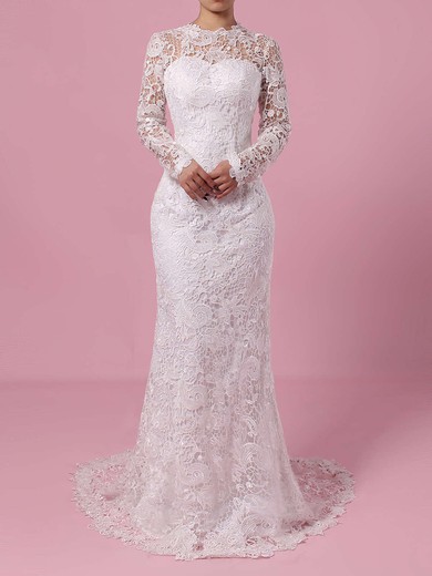 Sheath/Column Illusion Lace Sweep Train Wedding Dresses #Milly00023193