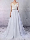 A-line V-neck Chiffon Sweep Train Wedding Dresses With Beading #Milly00023181