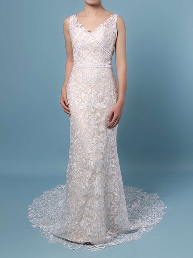 Trumpet/Mermaid V-neck Lace Sweep Train Wedding Dresses #Milly00023284