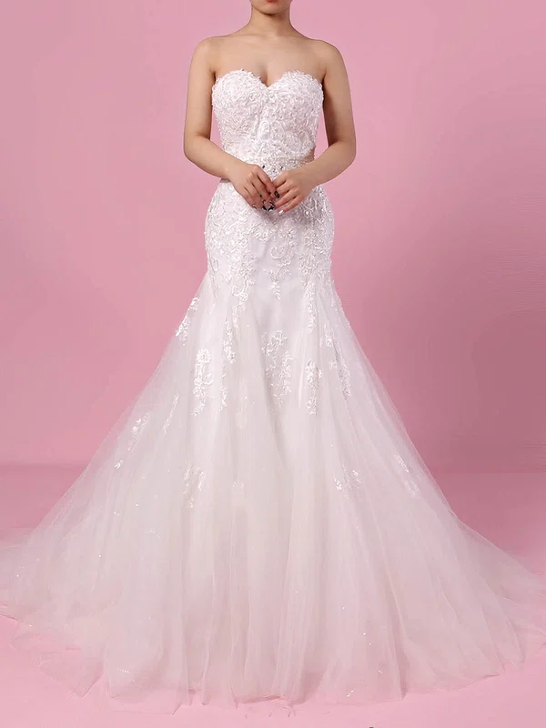 Trumpet/Mermaid Sweetheart Tulle Court Train Wedding Dresses With Appliques Lace #Milly00023150