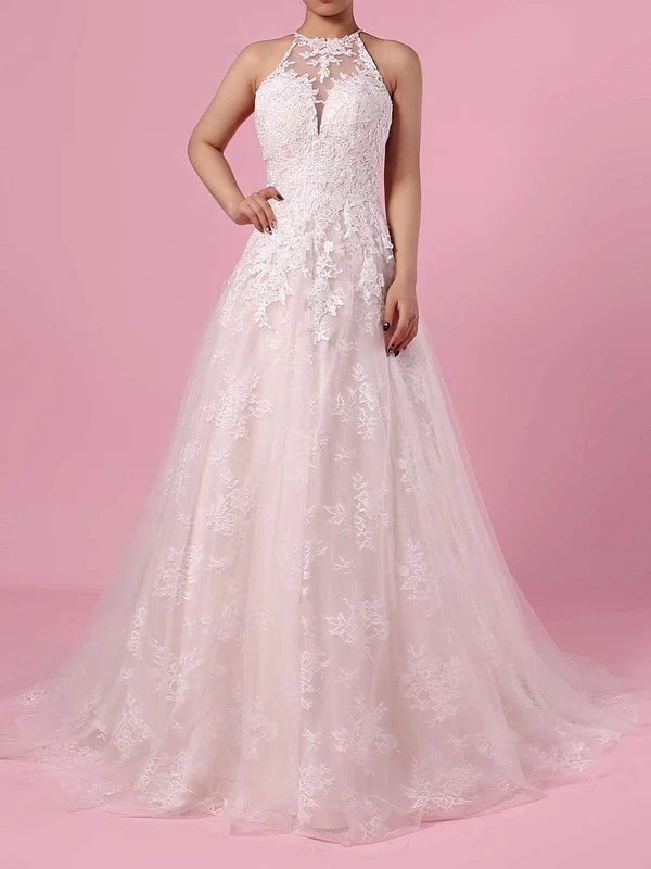 Ball Gown Illusion Tulle Sweep Train Wedding Dresses With Appliques Lace #Milly00023159
