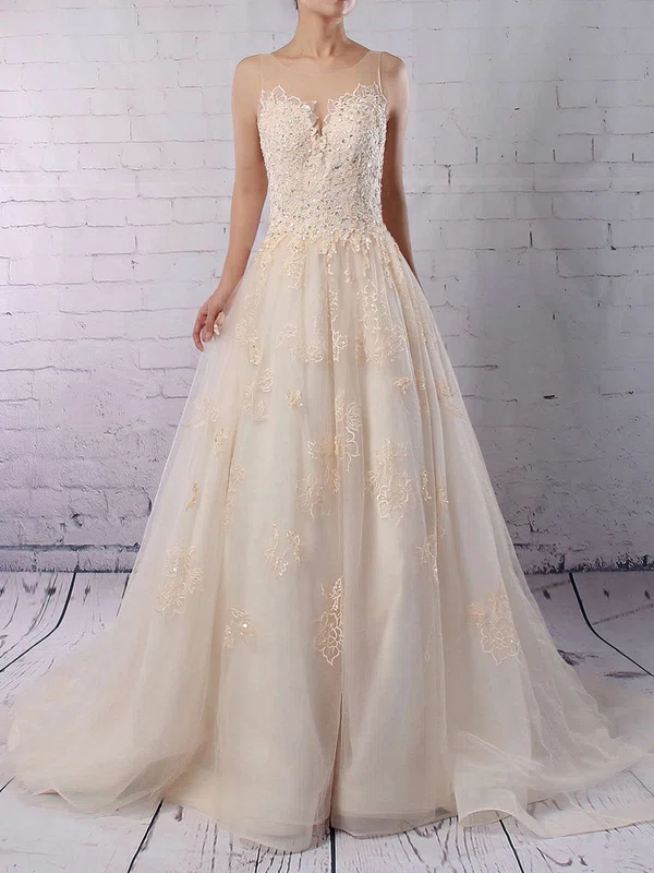 Ball Gown Scoop Neck Tulle Sweep Train Sequins Wedding Dresses #Milly00023173