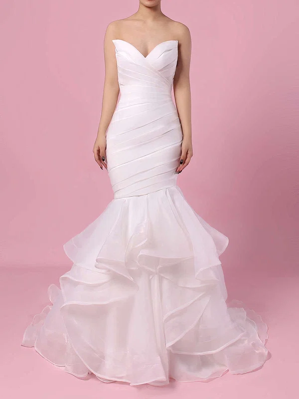 Trumpet/Mermaid V-neck Organza Sweep Train Wedding Dresses With Cascading Ruffles #Milly00023190