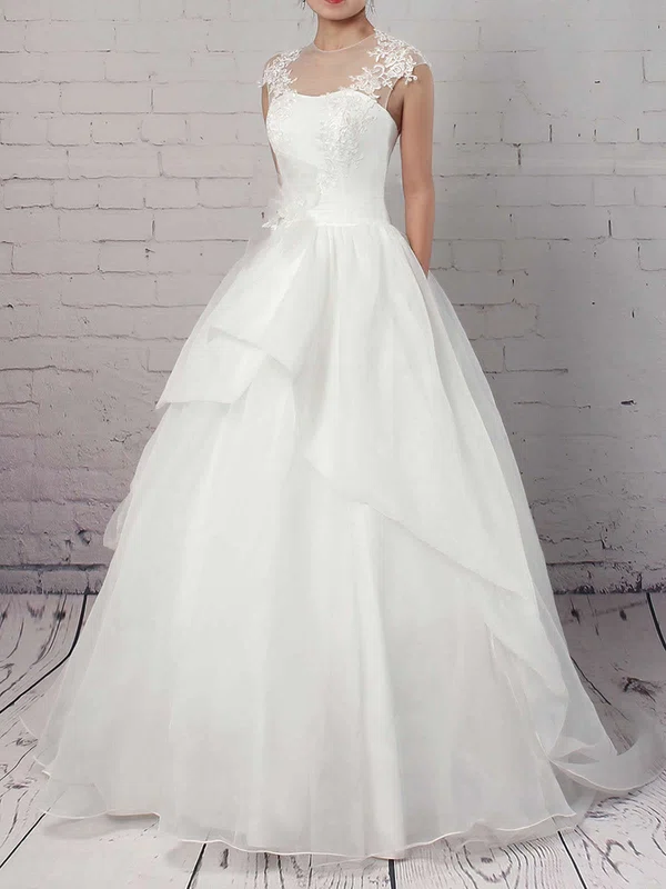 Ball Gown Illusion Organza Sweep Train Wedding Dresses With Appliques Lace #Milly00023192