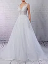 Ball Gown V-neck Tulle Sweep Train Wedding Dresses With Beading #Milly00023221