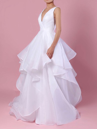 Ball Gown V-neck Organza Sweep Train Wedding Dresses With Cascading Ruffles #Milly00023222