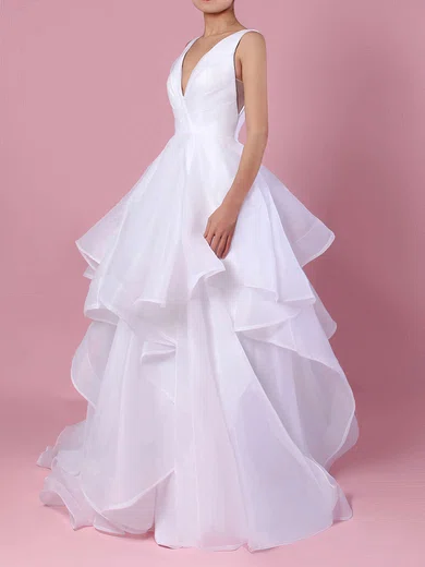 Ball Gown/Princess V-neck Organza Sweep Train Wedding Dresses With Cascading Ruffles #Milly00023222