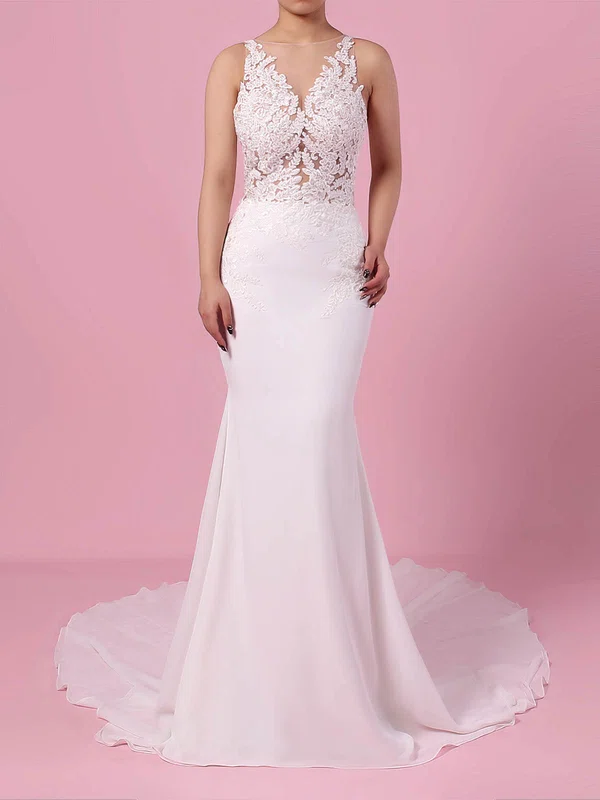 Trumpet/Mermaid V-neck Chiffon Sweep Train Wedding Dresses With Appliques Lace #Milly00023232