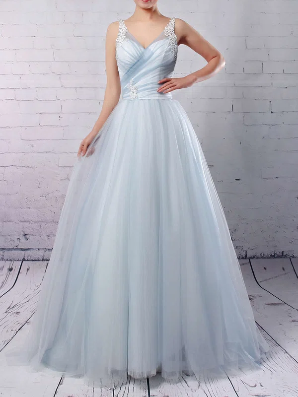 Ball Gown V-neck Tulle Sweep Train Wedding Dresses With Appliques Lace #Milly00023241
