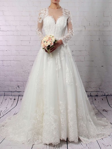 Ball Gown Scoop Neck Tulle Sweep Train Appliques Lace Wedding Dresses #Milly00023286