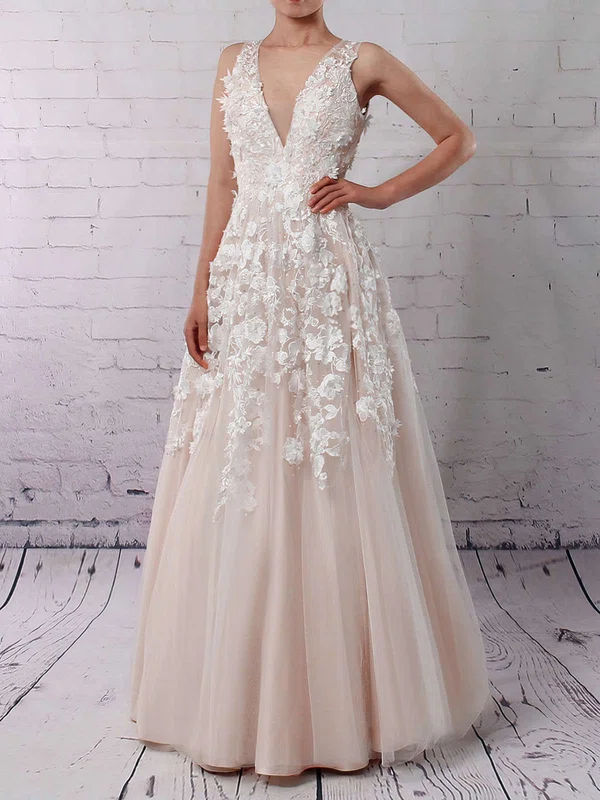 Ball Gown V-neck Tulle Floor-length Wedding Dresses With Appliques Lace #Milly00023122