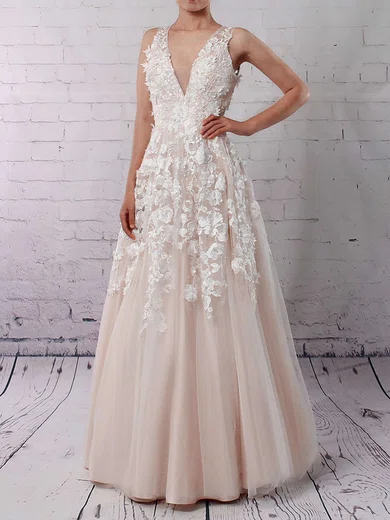 Ball Gown/Princess V-neck Tulle Floor-length Wedding Dresses With Appliques Lace #Milly00023122