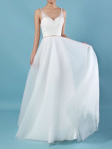 A-line V-neck Tulle Sweep Train Wedding Dresses With Beading #Milly00023124