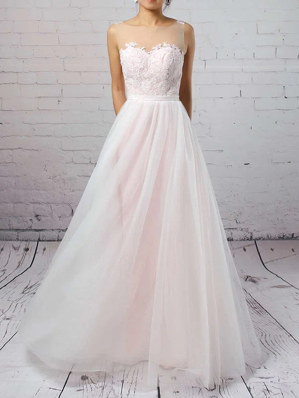 A-line Scoop Neck Tulle Sweep Train Appliques Lace Wedding Dresses #Milly00023126