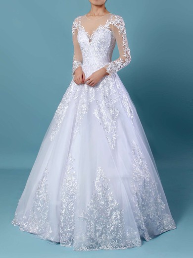Ball Gown Illusion Tulle Sweep Train Wedding Dresses With Appliques Lace #Milly00023141