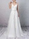 Ball Gown V-neck Tulle Court Train Wedding Dresses With Beading #Milly00023147