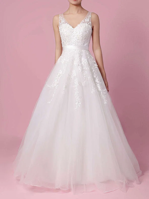 Ball Gown V-neck Tulle Sweep Train Wedding Dresses With Beading #Milly00023164