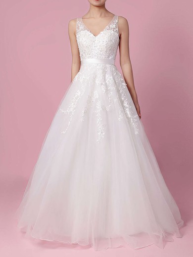 A-line V-neck Tulle Sweep Train Beading Wedding Dresses #Milly00023164