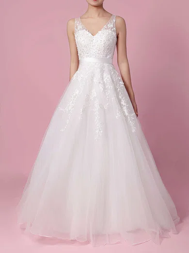 Ball Gown/Princess V-neck Tulle Sweep Train Wedding Dresses With Beading #Milly00023164