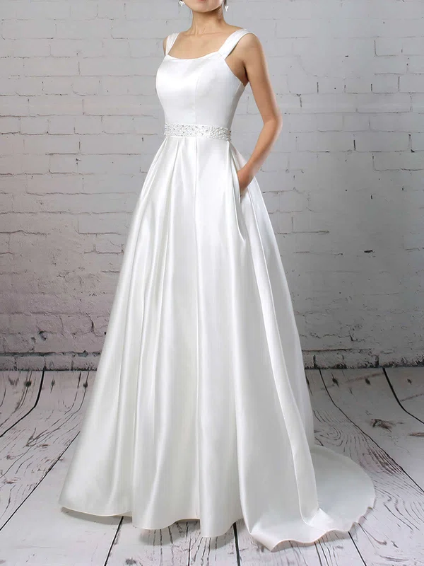 Ball Gown Square Neckline Satin Sweep Train Wedding Dresses With Pockets #Milly00023171