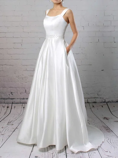 Ball Gown/Princess Square Neckline Satin Sweep Train Wedding Dresses With Pockets #Milly00023171