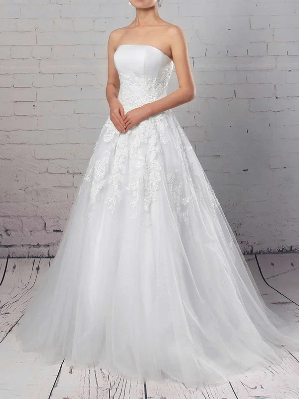 Ball Gown Strapless Tulle Sweep Train Appliques Lace Wedding Dresses #Milly00023175