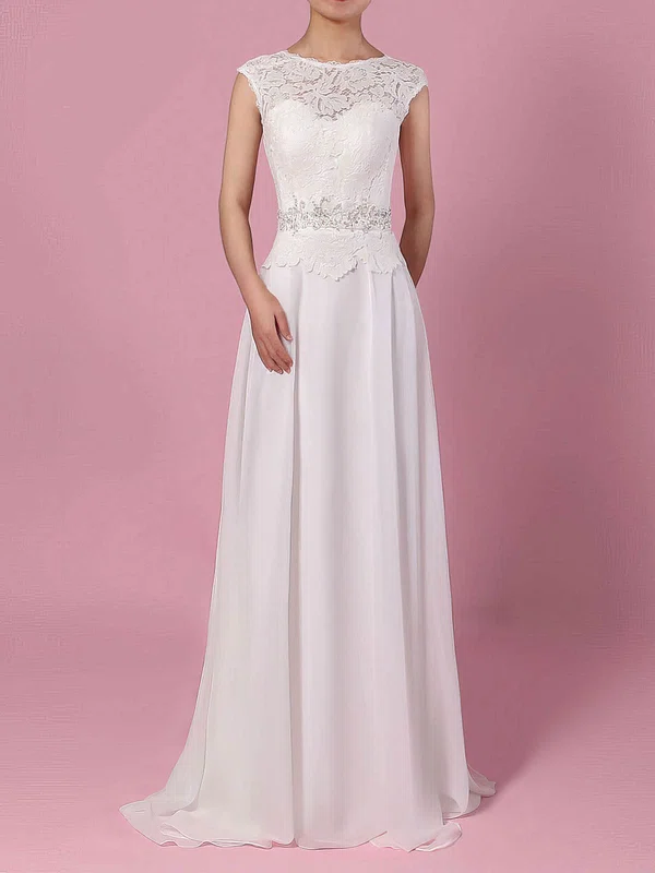 A-line Scoop Neck Lace Chiffon Sweep Train Beading Wedding Dresses #Milly00023197