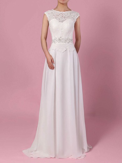 A-line Illusion Lace Chiffon Sweep Train Wedding Dresses With Beading #Milly00023197