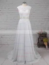 A-line Scoop Neck Lace Chiffon Sweep Train Beading Wedding Dresses #Milly00023197