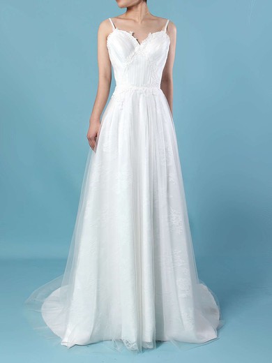 A-line V-neck Tulle Lace Sweep Train Wedding Dresses With Appliques Lace #Milly00023211