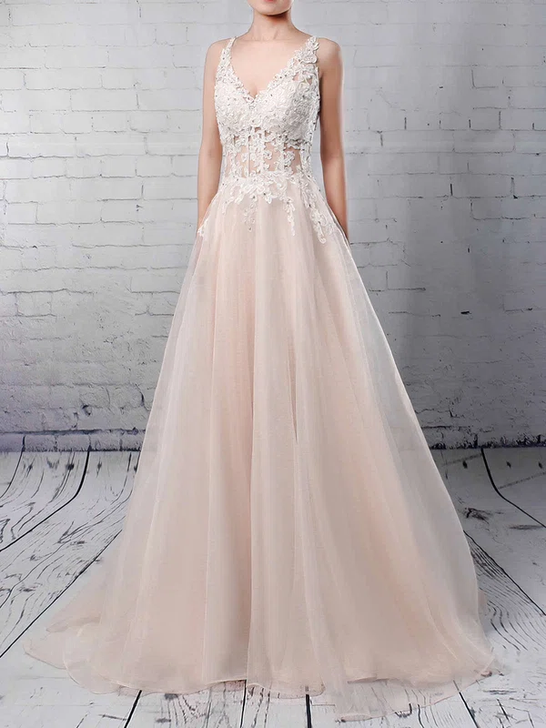 Ball Gown V-neck Tulle Sweep Train Wedding Dresses With Appliques Lace #Milly00023220