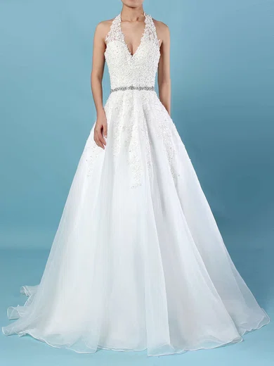 Ball Gown/Princess Halter Tulle Sweep Train Wedding Dresses With Beading #Milly00023223