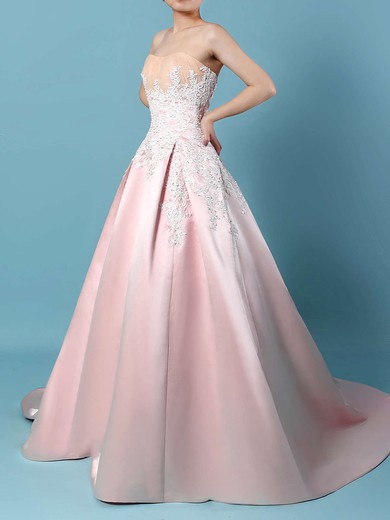 Ball Gown Strapless Satin Sweep Train Appliques Lace Wedding Dresses #Milly00023235
