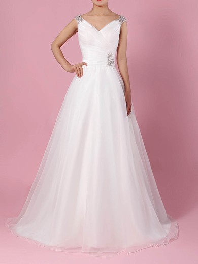 Ball Gown V-neck Tulle Sweep Train Wedding Dresses With Beading #Milly00023237