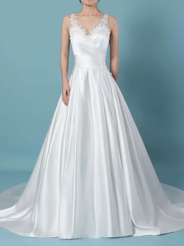 Ball Gown V-neck Satin Sweep Train Wedding Dresses With Pockets #Milly00023239