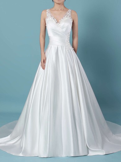 Ball Gown V-neck Satin Tulle Sweep Train Beading Wedding Dresses #Milly00023239