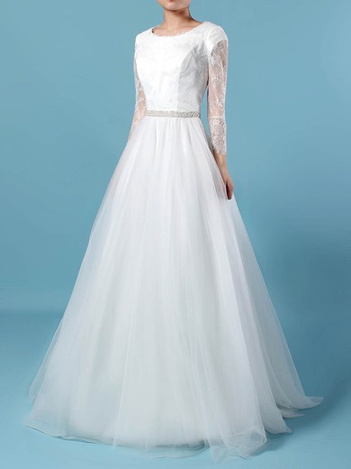 Ball Gown Scoop Neck Lace Tulle Sweep Train Wedding Dresses With Beading #Milly00023246