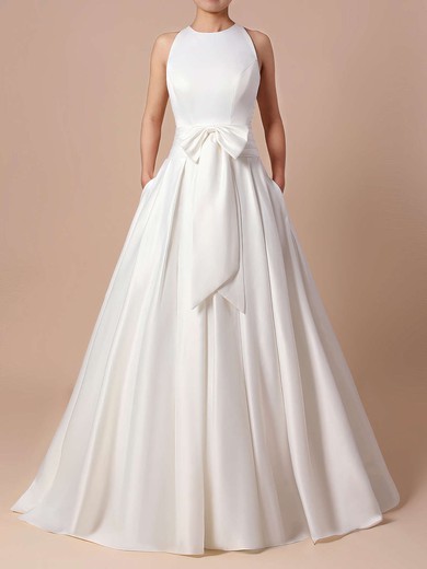 Ball Gown Scoop Neck Satin Sweep Train Bow Wedding Dresses #Milly00023255