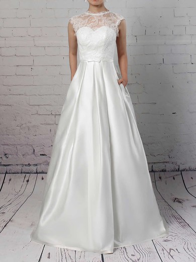 Ball Gown Illusion Satin Lace Sweep Train Wedding Dresses With Pockets #Milly00023263