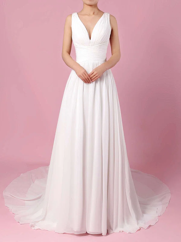 A-line V-neck Chiffon Sweep Train Wedding Dresses With Beading #Milly00023289
