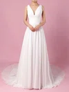 A-line V-neck Chiffon Sweep Train Beading Wedding Dresses #Milly00023289