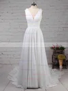 A-line V-neck Chiffon Sweep Train Beading Wedding Dresses #Milly00023289