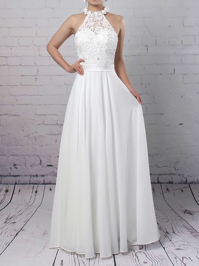 A-line High Neck Lace Chiffon Floor-length Wedding Dresses With Sequins #Milly00023296