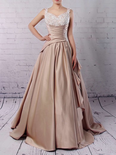 Ball Gown V-neck Satin Sweep Train Appliques Lace Wedding Dresses #Milly00023307