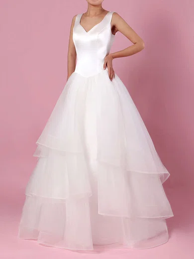 Ball Gown/Princess V-neck Satin Tulle Sweep Train Wedding Dresses With Tiered #Milly00023312